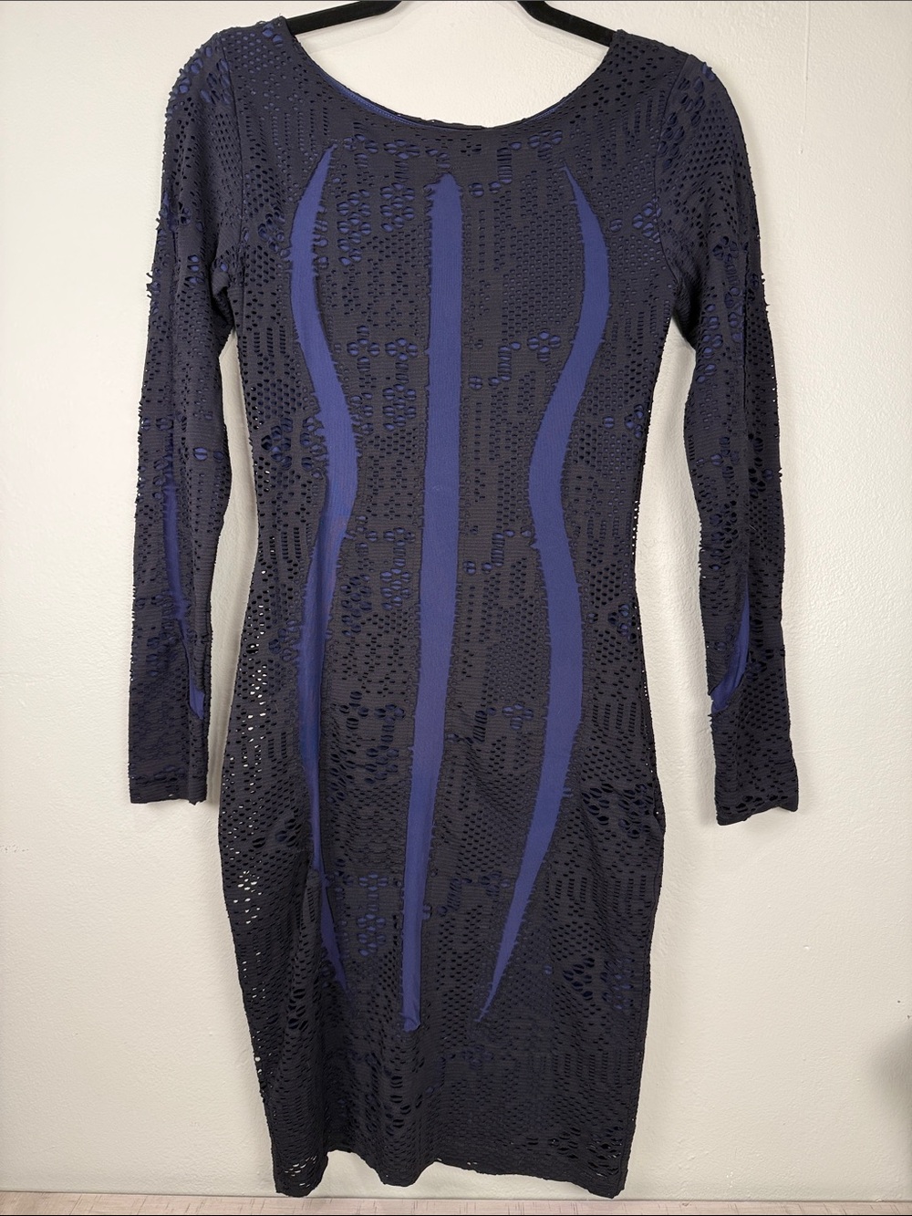 Reiss Neo Lace Bodycon Dress Navy Blue Laser Cut Illusion Mini Long Sleeve Size
